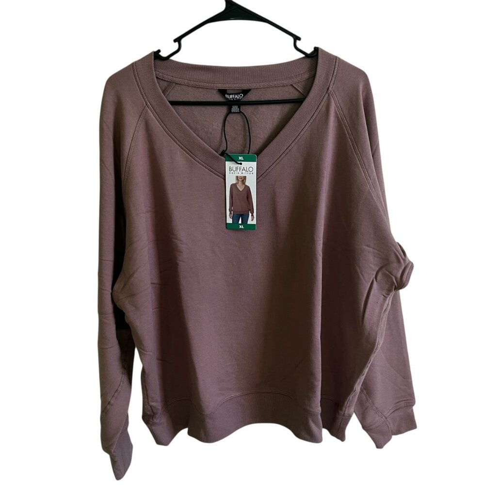 Buffalo David Bitton Women's Super Soft V Neck Pullover Sweatshirt Pink X-Large